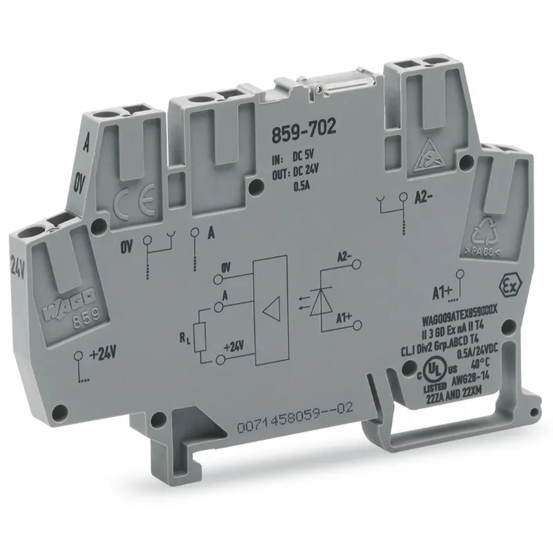 WAGO Optokopplermodul Eingangsnennspannung DC 5 V Ausgangsspannungsbereich DC 0 ? 24 V grau 859-702