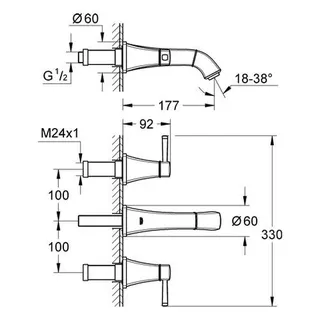 Grohe Grandera 3-Loch Waschtisch Wand Armatur, Ausl. 177 mm – Bild 2