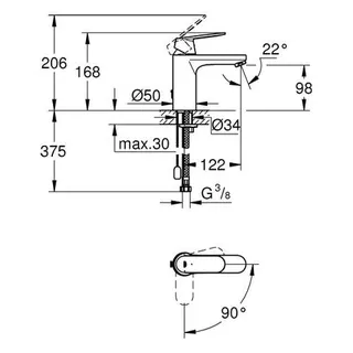 Grohe Eurosmart Cosmopolitan Waschtisch Armatur, M-Size, mit Kette, Mittelstellung kalt, chrom – Bild 2