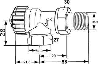 Heimeier Thermostat Ventilunterteil, Eckform, umgekehrte Flussrichtung, Voreinstellung 1/2" – Bild 2