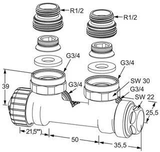 Heimeier Thermostat Ventilunterteil Multilux, für Zweirohrsystem, Eck IG R 1/2" – Bild 2