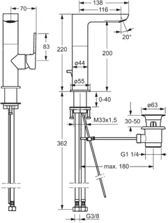 Hansa Ligna Waschtisch Armatur, Hebel seitlich bedient, chrom, mit Ablaufgarnitur – Bild 2