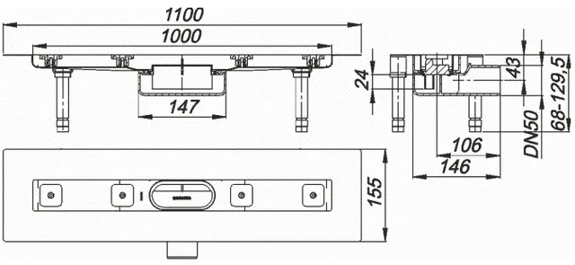 Dallmer Duschrinne CERALINE NANO F, DN 50 seitlich, BH 68mm, Länge 1000 mm