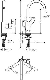 Hansgrohe Waschtischmischer Rebris S 210, Schwenkkopf, mit Ablaufgarnitur chrom – Bild 2