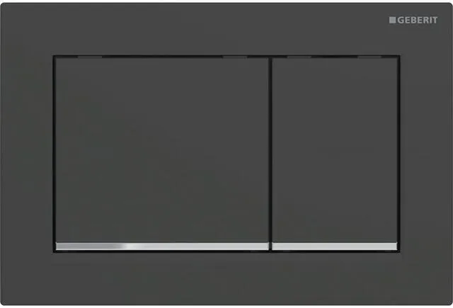 Geberit Betätigungsplatte Omega30, Platte und Tasten schwarz matt, Designringe hochglanz verchromt
