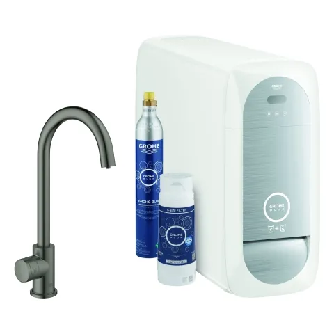 Grohe Mono-Armatur BLUE HOME, Starter-Kit, C-Auslauf hard graphite gebürstet