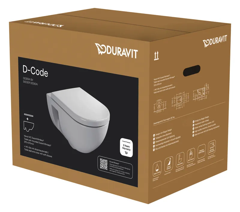 Duravit D-Code WC-Set wandh.,Spü.4,5/3L,Riml. inkl.Sitz mit Absenka., Weiß Hochglanz