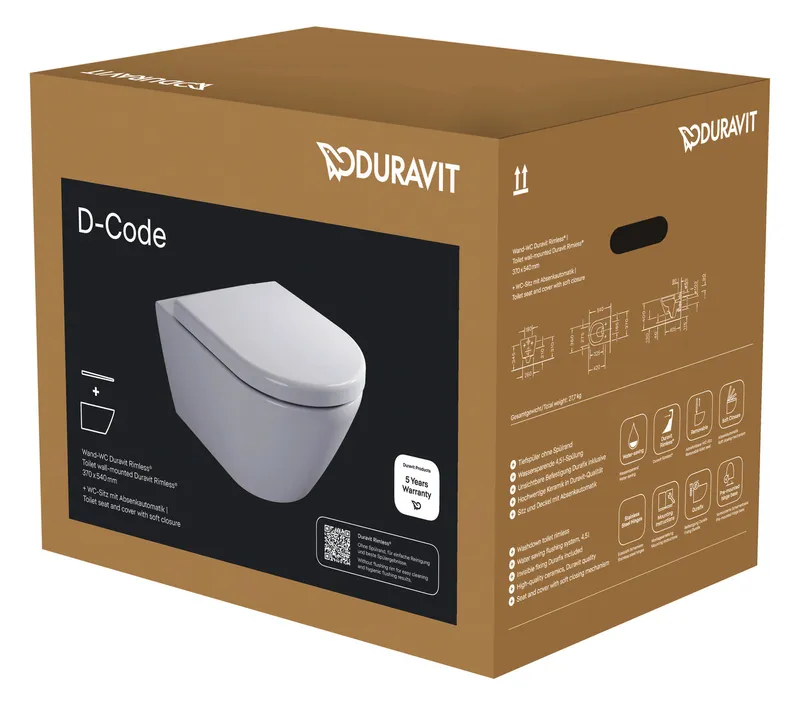 Duravit D-Code WC-Set wandh.,Durafix,Riml. inkl.Sitz m.Absenka.,vorm.Weiß Hochglanz