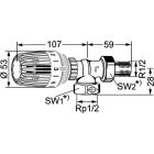 Limitador de temperatura de retorno Heimeier RTL, niquelado a bronze, forma angular R 1/2" AG