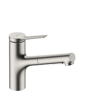 Mezclador de fregadero Hansgrohe Zesis M33, 150, ducha extraíble, 2 chorros, aspecto de acero inoxidable