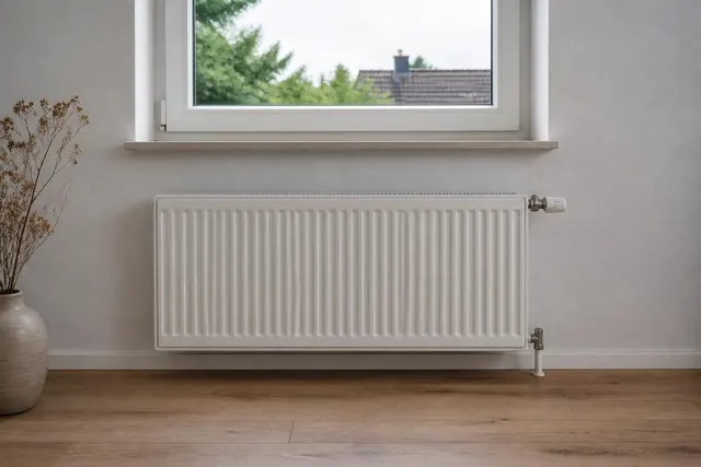 Panelheizkörper unter einem Fenster mit sichtbarem Thermostatventil