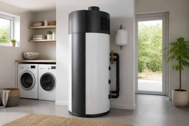 Brauchwasserwärmepumpe mit integriertem Warmwasserspeicher in einem Technikraum