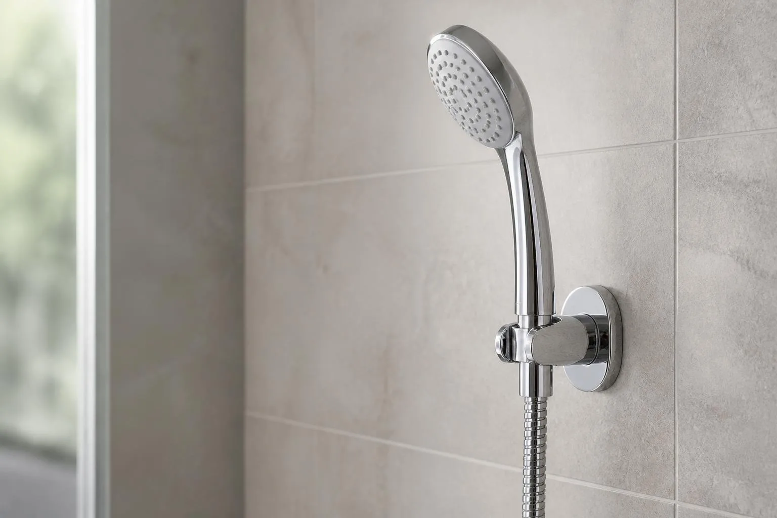 Wandbrausehalter neben einer Handbrause in einer gefliesten Dusche