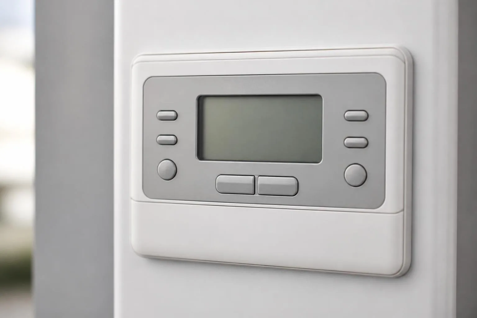 Bedienfeld einer Heizungsanlage mit Display, Tasten und Manometer