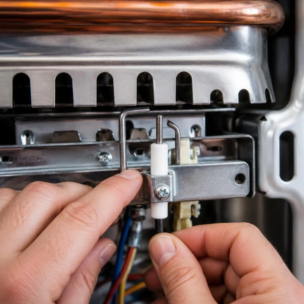 Fachhandwerker prüft Elektrode und Brenner einer Gastherme