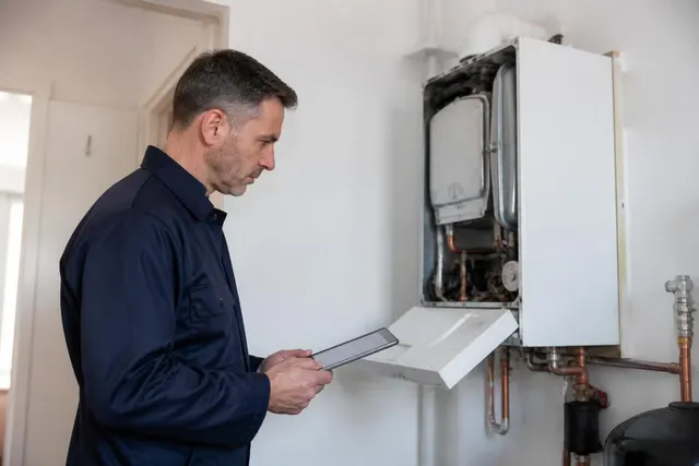 Fachhandwerker prüft eine wandhängende Heizungsanlage in einem Hauswirtschaftsraum