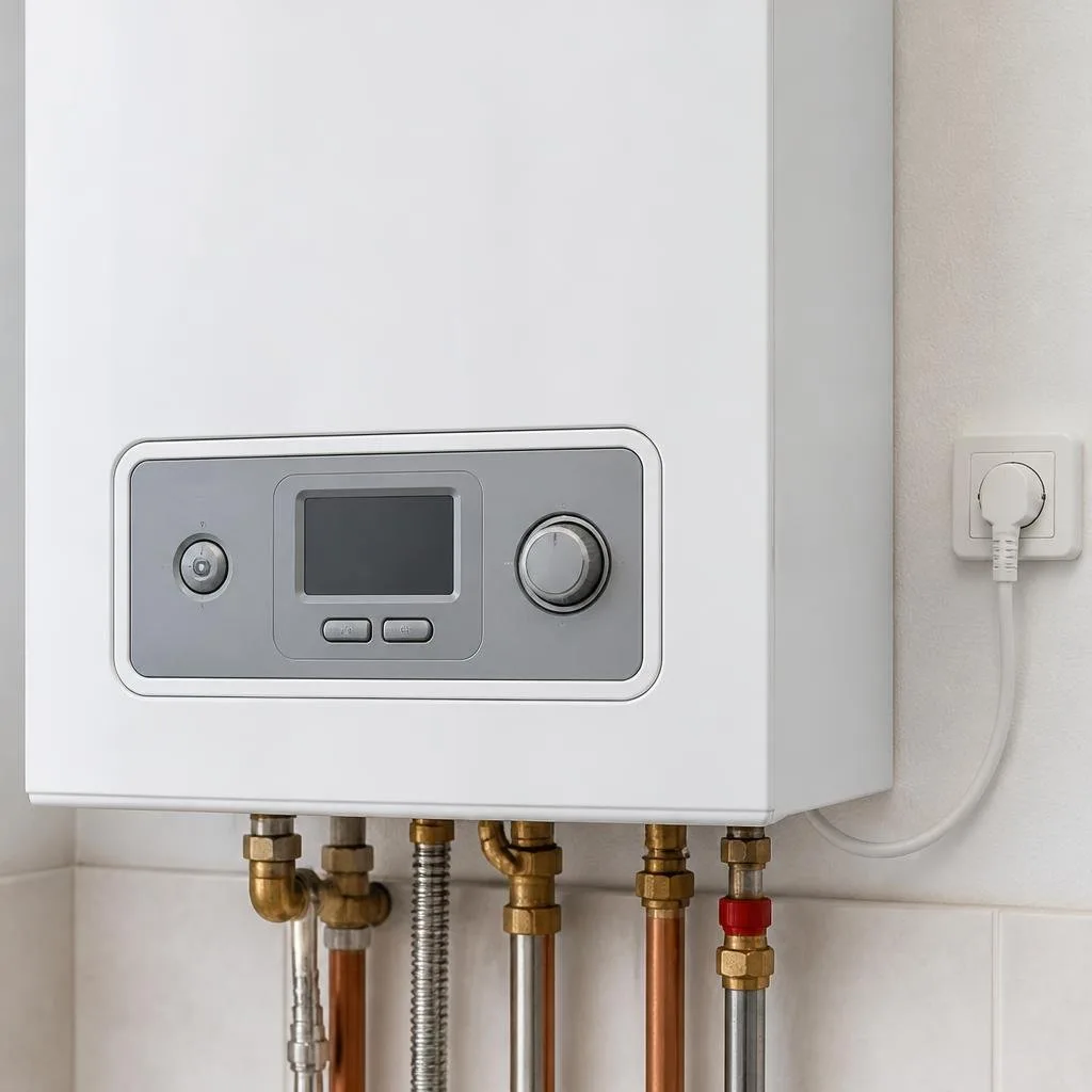 Nahaufnahme des Bedienfelds einer Gas-Brennwerttherme mit Störungsanzeige