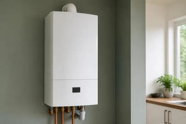 Wandhängendes Gas-Brennwertgerät mit Bedienfeld und geschlossenem Gehäuse