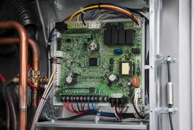 Temperaturfühler und Signalkabel an der Installationsleiterplatte einer Wärmepumpe