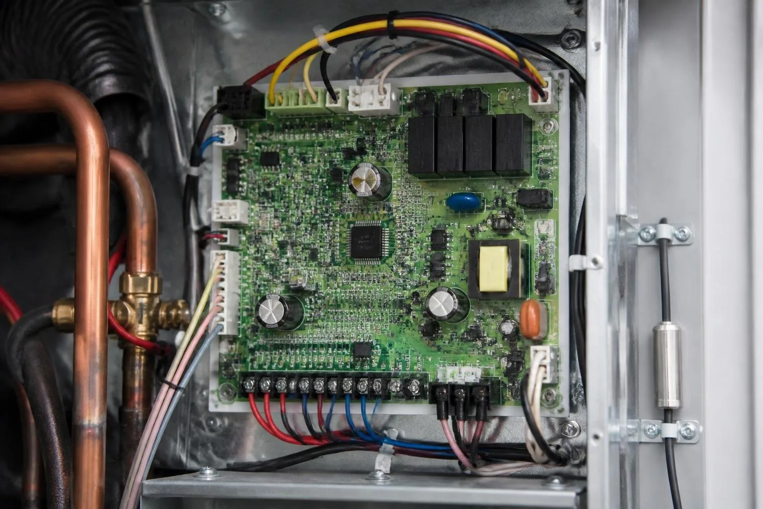 Temperaturfühler und Signalkabel an der Installationsleiterplatte einer Wärmepumpe