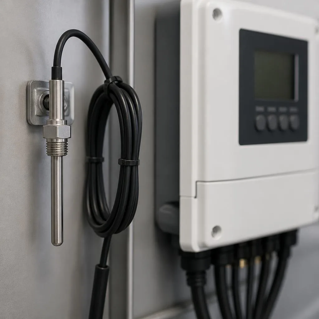 Temperaturfühler mit Signalkabel an einer Wärmepumpensteuerung