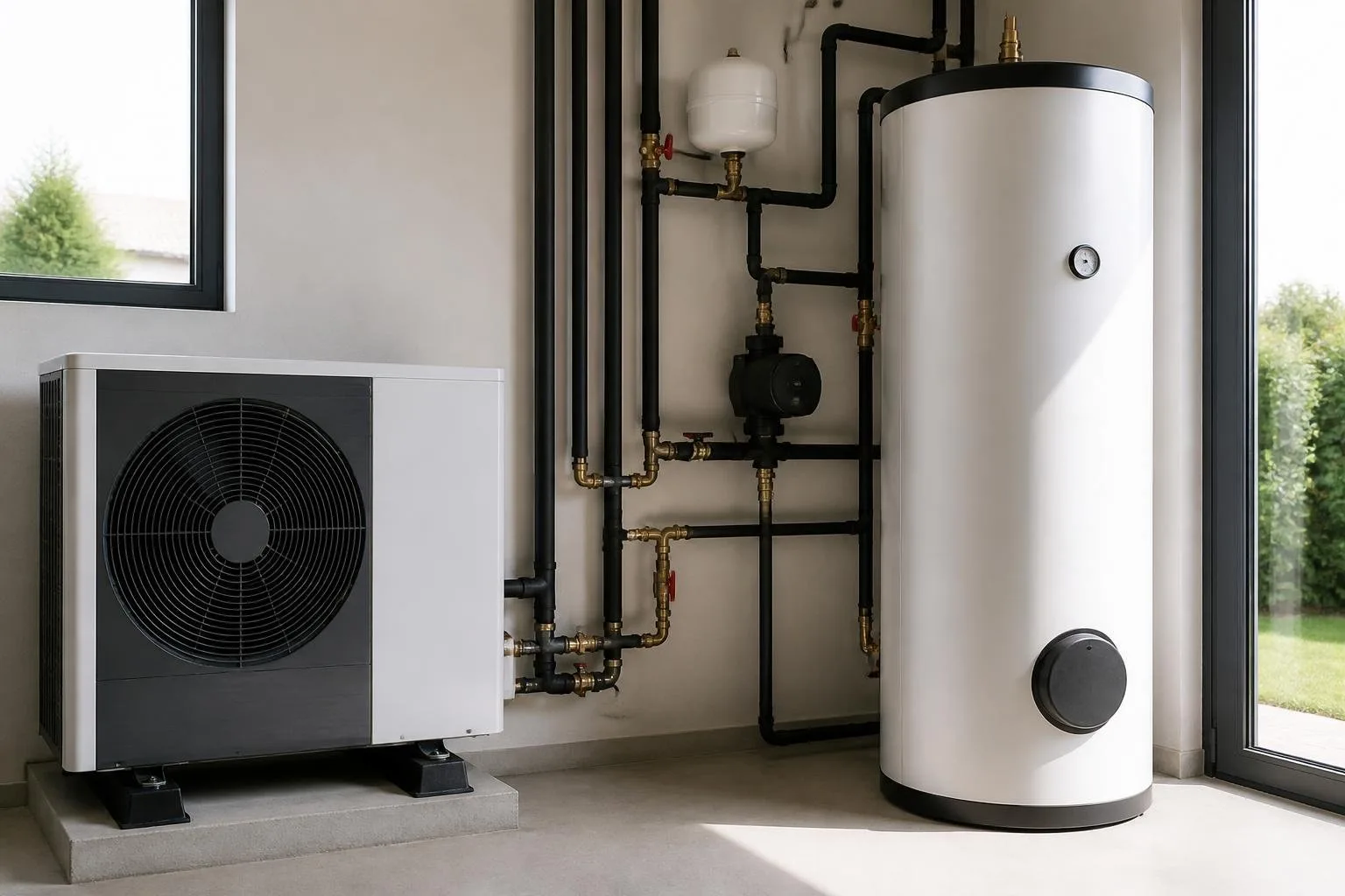Luft-Wasser-Wärmepumpe mit Warmwasserspeicher und sichtbaren Heizungsleitungen