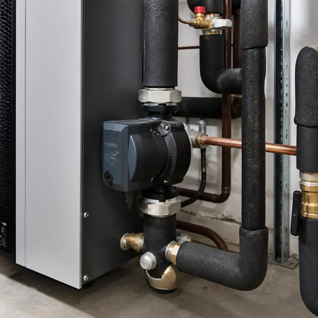 Heizungswasserleitungen und Umwälzpumpe einer Wärmepumpe