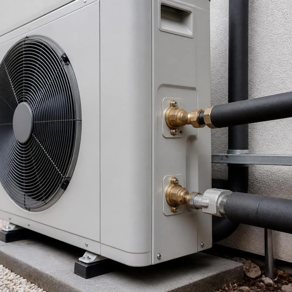 Außengerät einer Wärmepumpe mit sichtbaren Leitungsanschlüssen