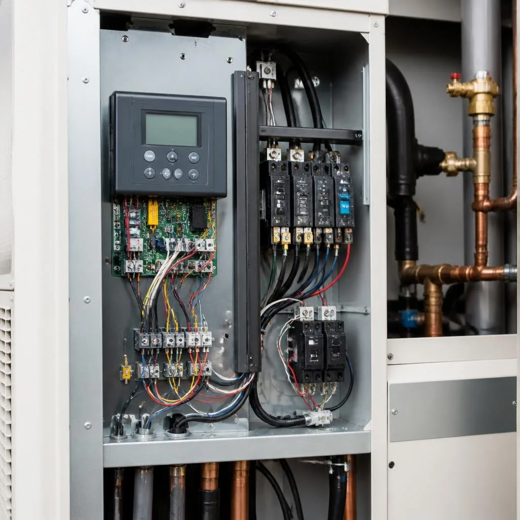 Bedienfeld und Technikbereich einer Wärmepumpe