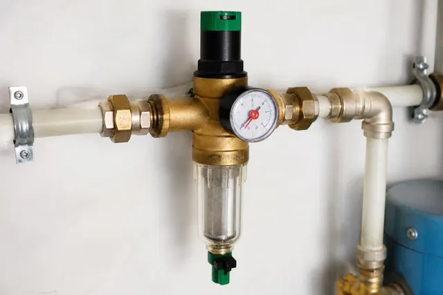 Druckminderer mit Manometer und Filtergehäuse an einer Wasserleitung