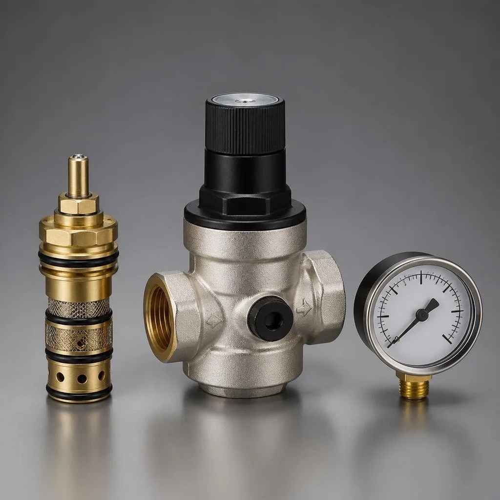 Druckmindererkartusche neben einem Druckminderer mit Manometer