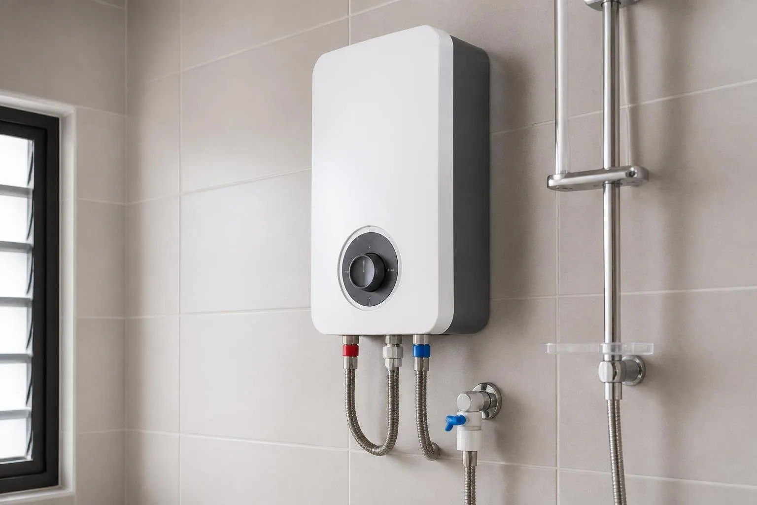 Elektrischer Durchlauferhitzer an der Wand mit sichtbaren Wasseranschlüssen