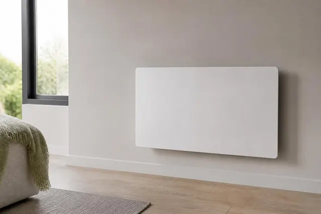 Wandmontierte Elektroheizung in einem schlichten Raum