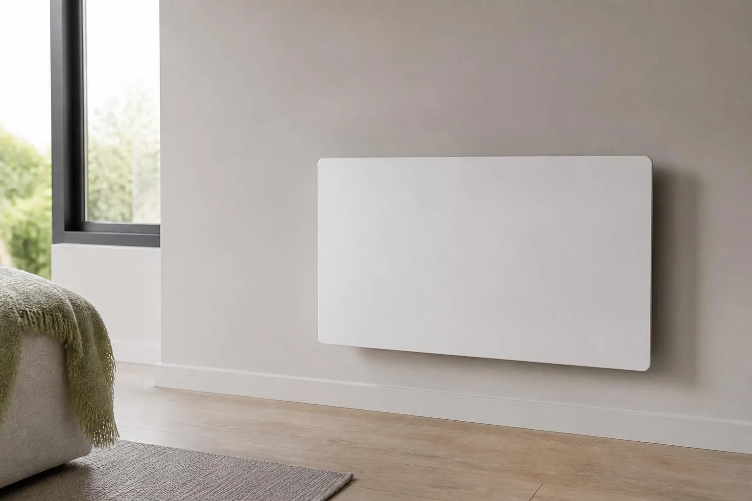 Wandmontierte Elektroheizung in einem schlichten Raum