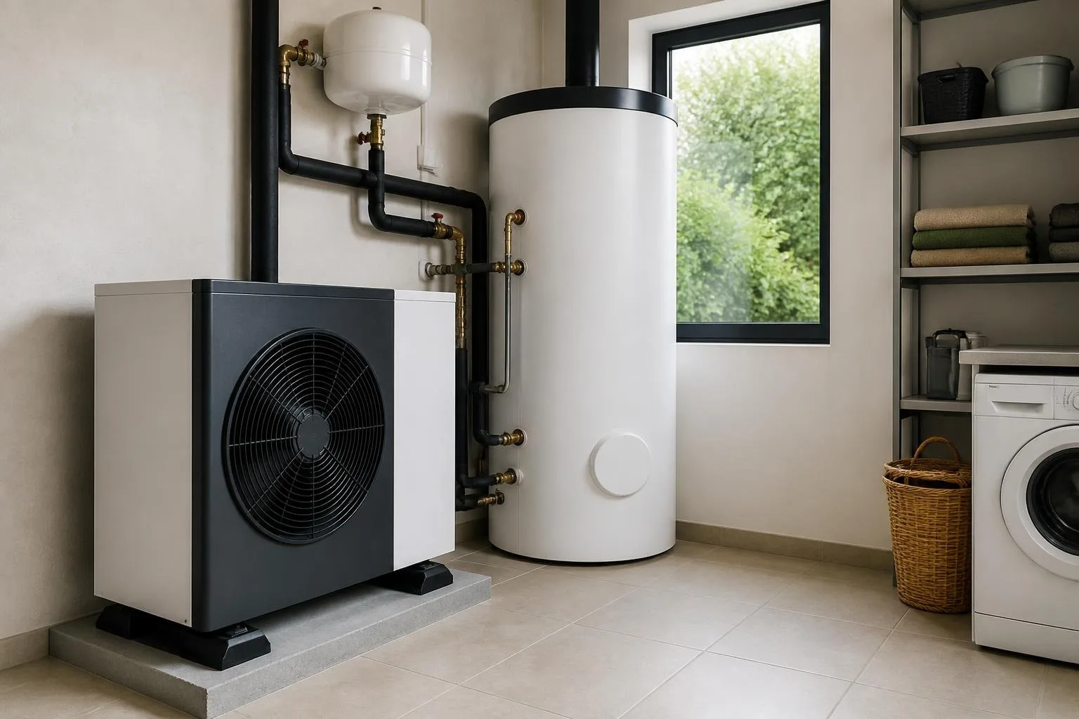 Wärmepumpe und gedämmter Warmwasserspeicher in einem Technikraum