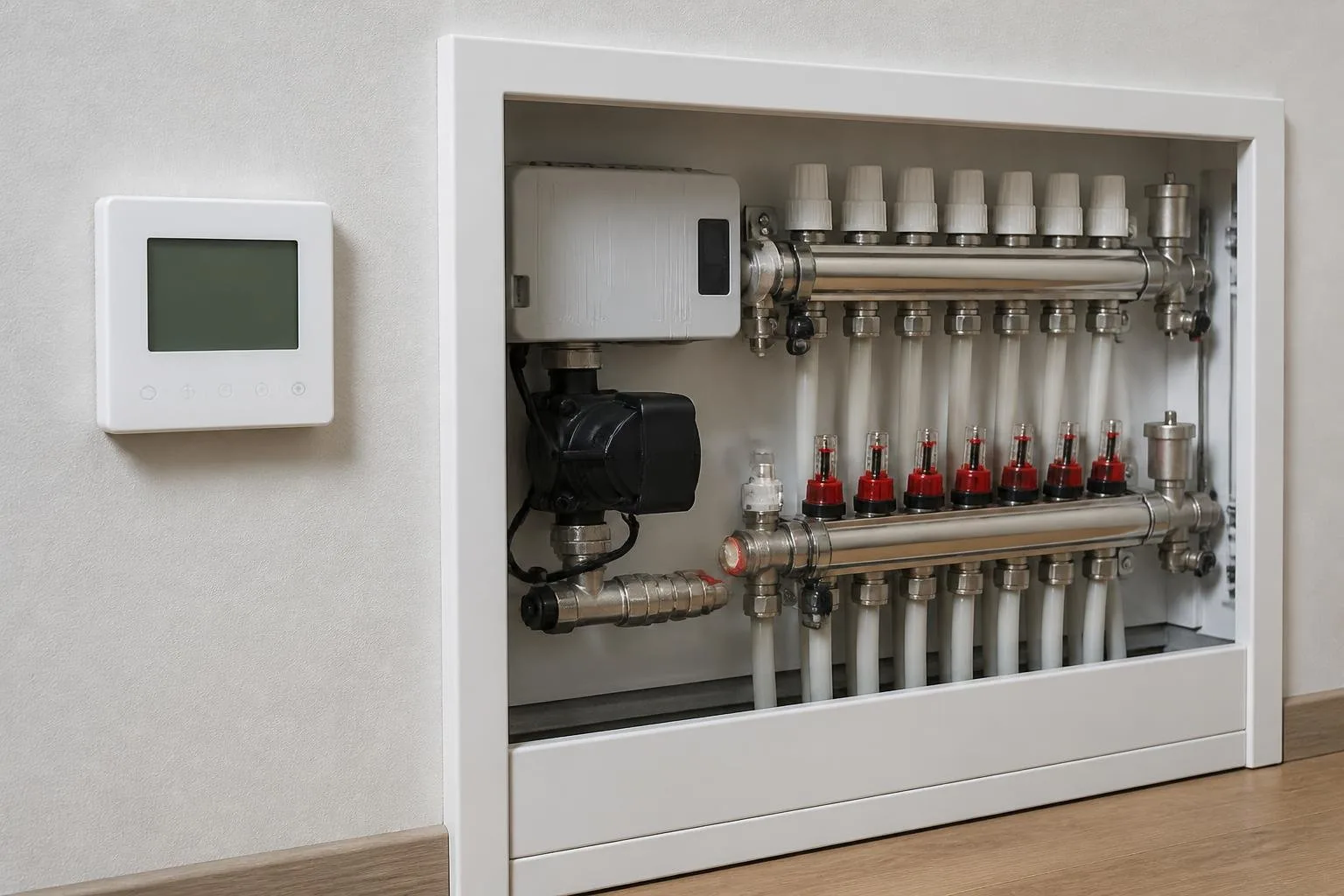 Raumthermostat neben einer Regelungseinheit für die Fußbodenheizung