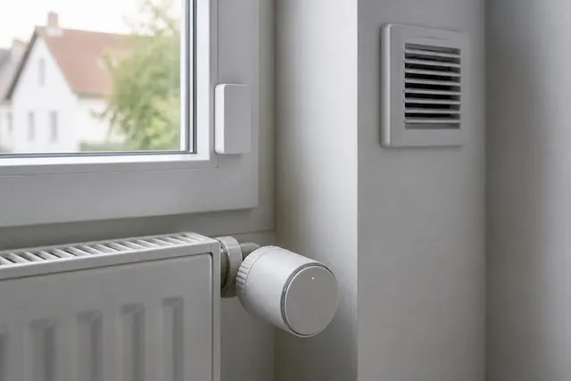 Heizkörperthermostat, Fenstersensor und Lüftungsauslass als Komponenten der Gebäudeautomation