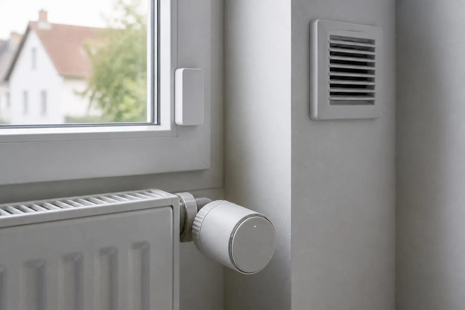 Heizkörperthermostat, Fenstersensor und Lüftungsauslass als Komponenten der Gebäudeautomation