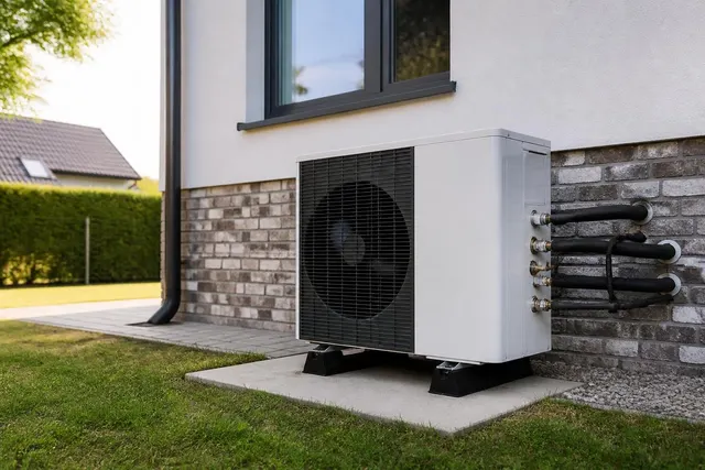 Außengerät einer Wärmepumpe neben einem Wohnhaus