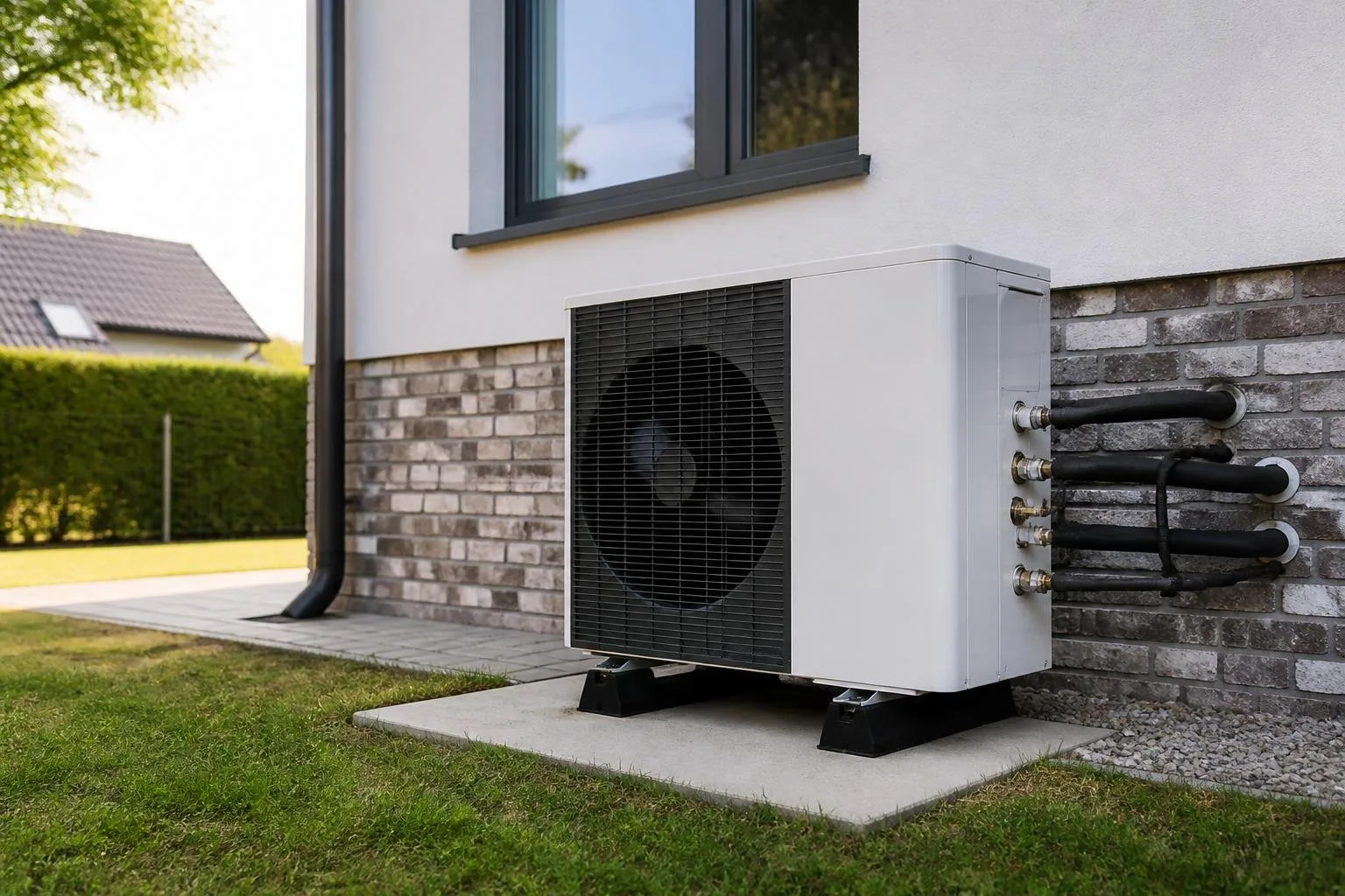 Außengerät einer Wärmepumpe neben einem Wohnhaus
