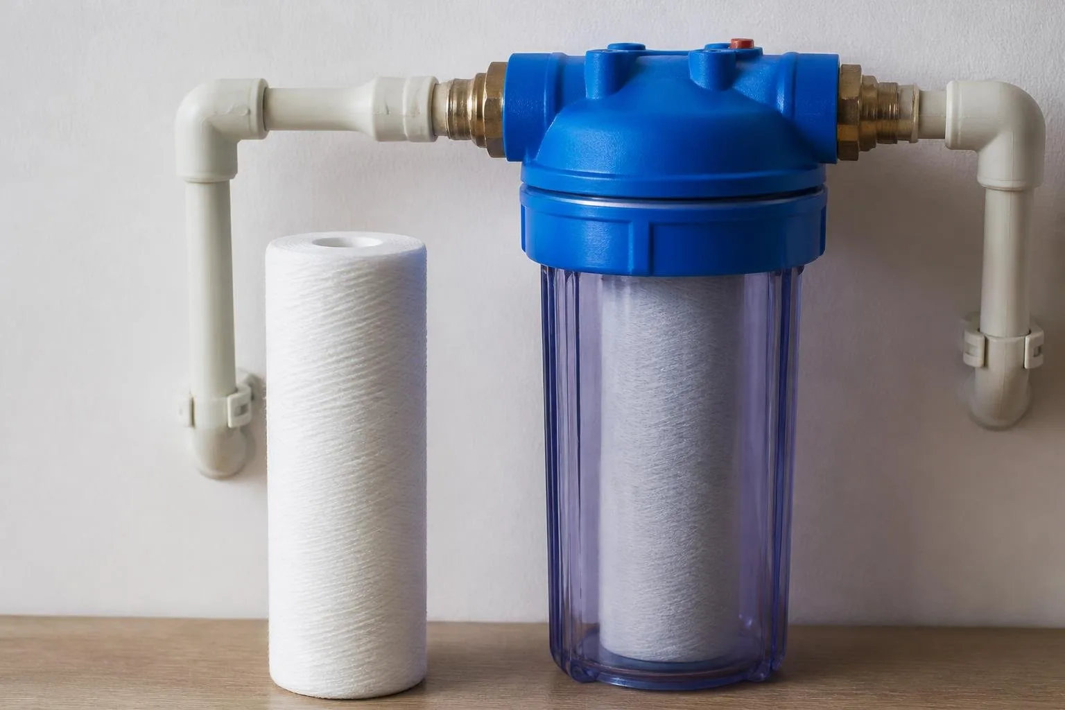 Ersatzfilterkerze neben dem Gehäuse eines Hauswasserfilters