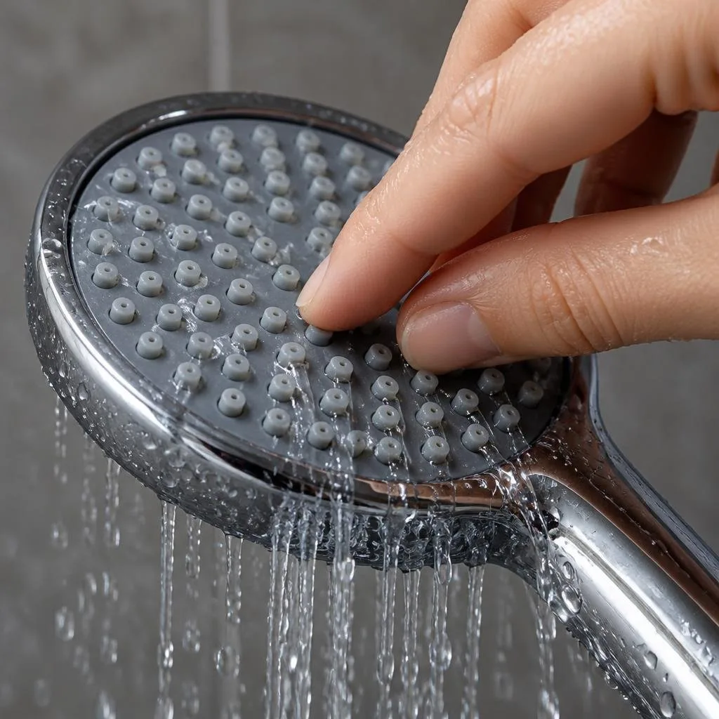 Silikonnoppen einer Handbrause werden unter fließendem Wasser mit dem Finger gereinigt