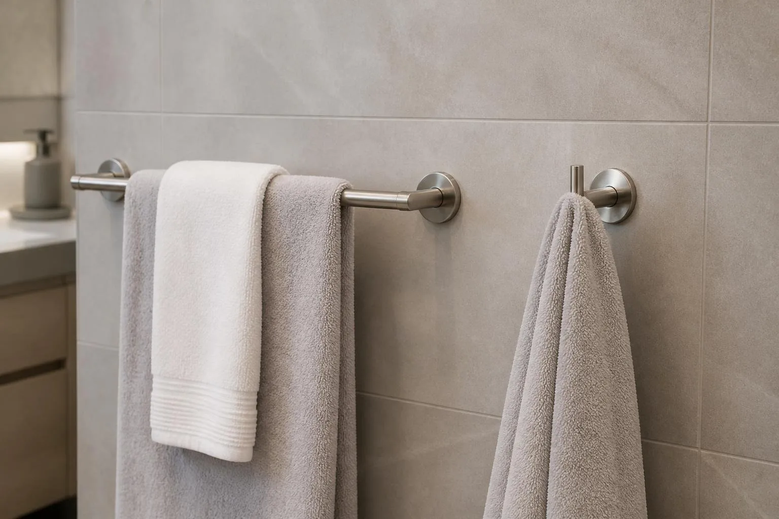Handtuchhalter und Haken an einer Badezimmerwand
