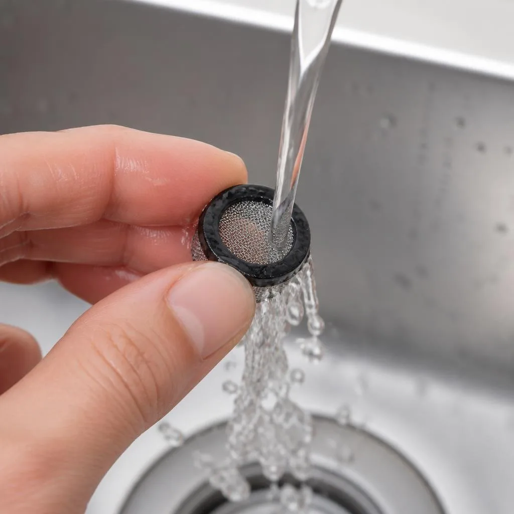 Schmutzfangsieb einer Handbrause wird unter fließendem Wasser gereinigt