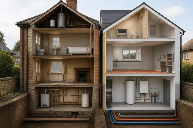 Haustechnik mit Heizung und Warmwasser im Vergleich zwischen Bestandsimmobilie und Neubau