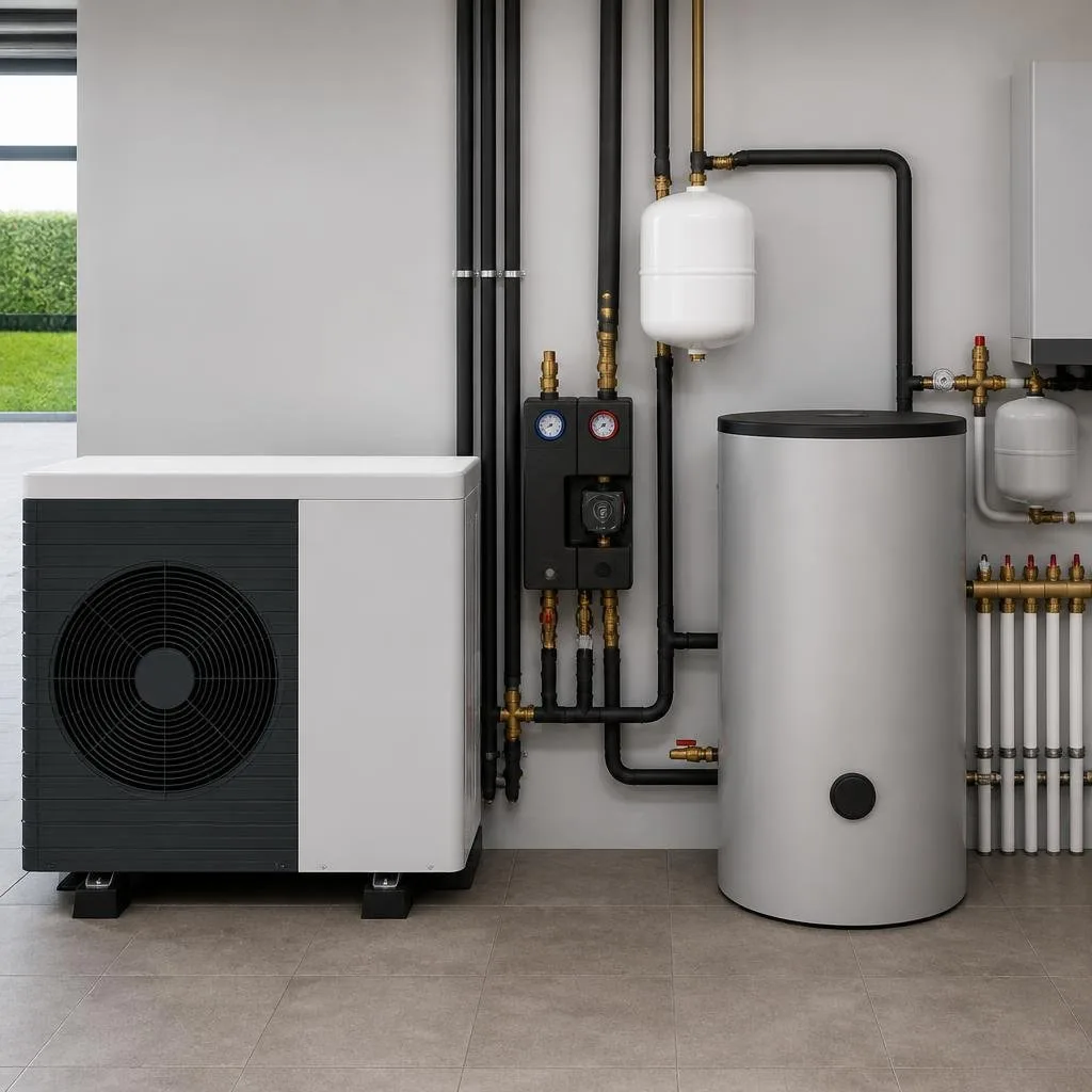 Wärmepumpe mit angeschlossenen Heizungs- und Warmwasserleitungen