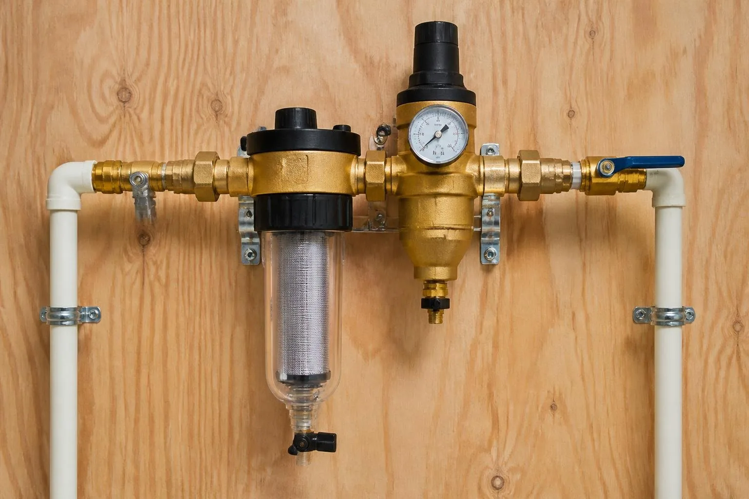 Hauswasserfilter mit integriertem Druckminderer an einer Wasserleitung
