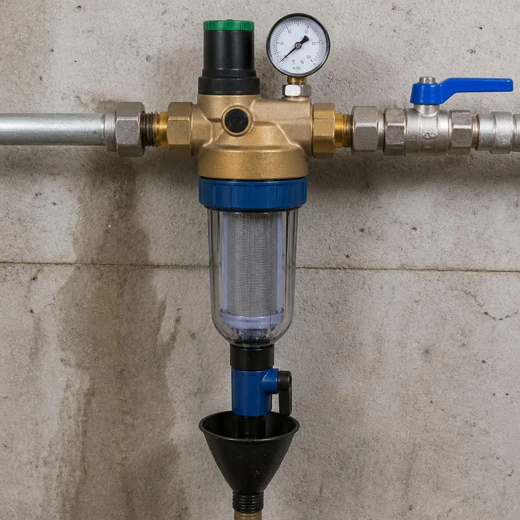 Rückspülfilter mit Druckminderer, Manometer und Ablauftrichter