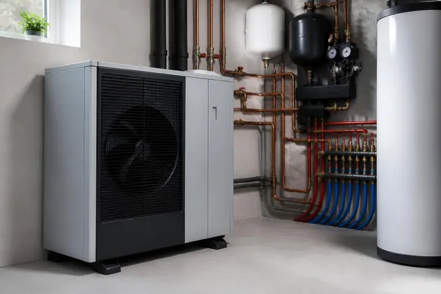 Elektrische Wärmepumpe mit angeschlossenen Heizungsrohren im Technikraum