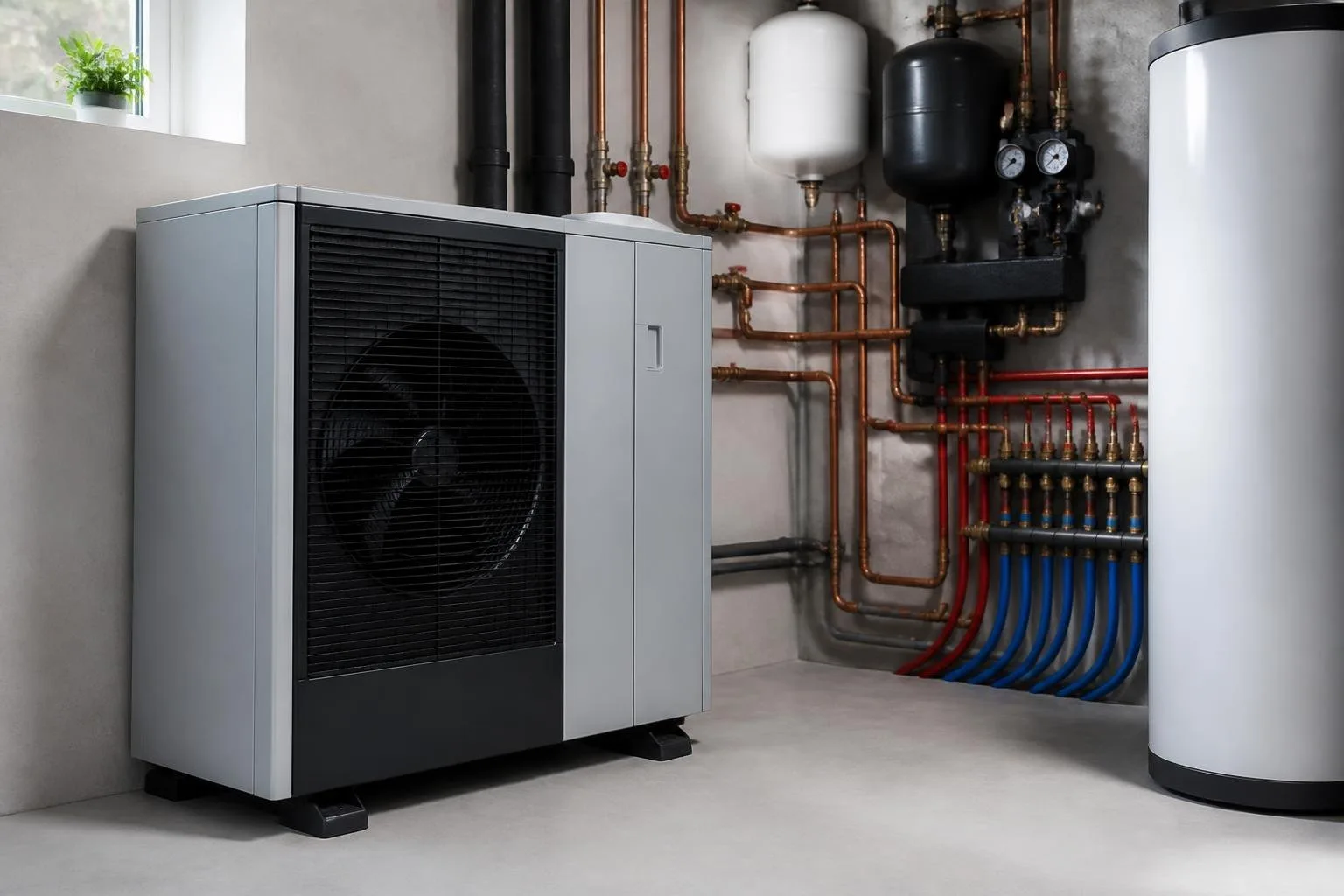 Elektrische Wärmepumpe mit angeschlossenen Heizungsrohren im Technikraum